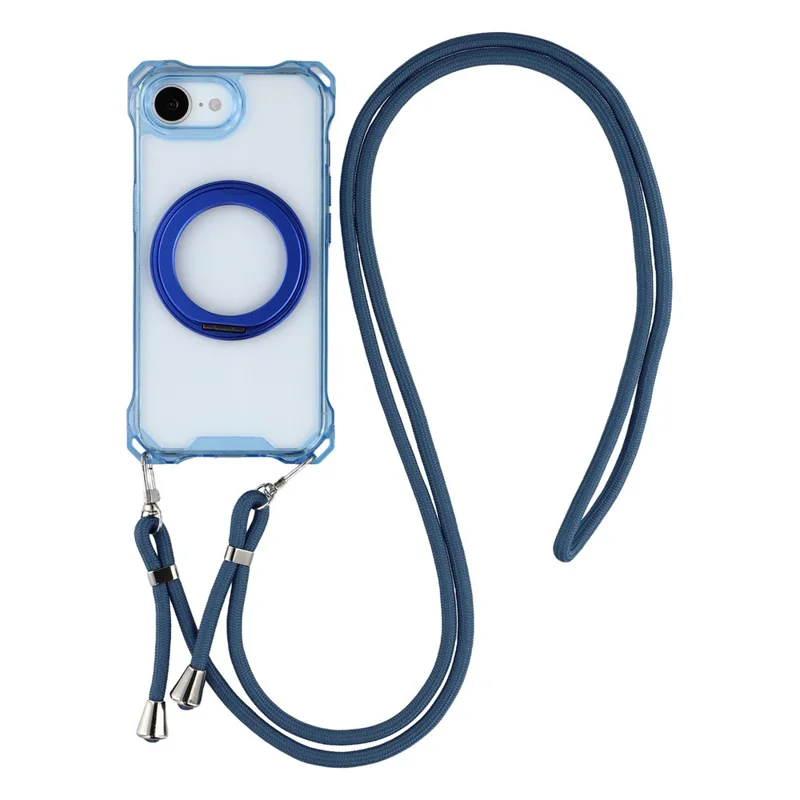 For iPhone 17e / 16e Magnetic Case Ring Kickstand TPU + PC Phone Cover with Lanyard - Blue