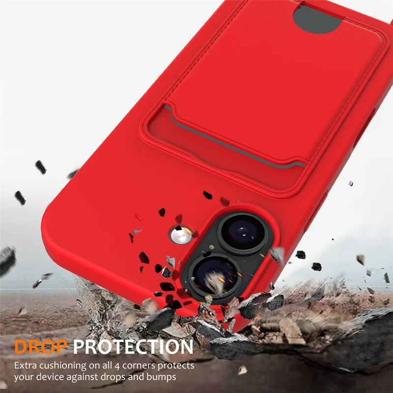 For iPhone 17 Case Liquid Silicone Card Holder Back Phone Cover with Lanyard - Red
