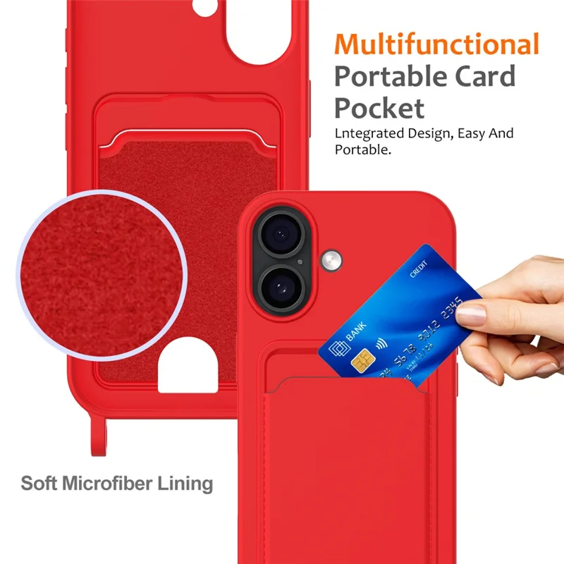 For iPhone 17 Case Liquid Silicone Card Holder Back Phone Cover with Lanyard - Red