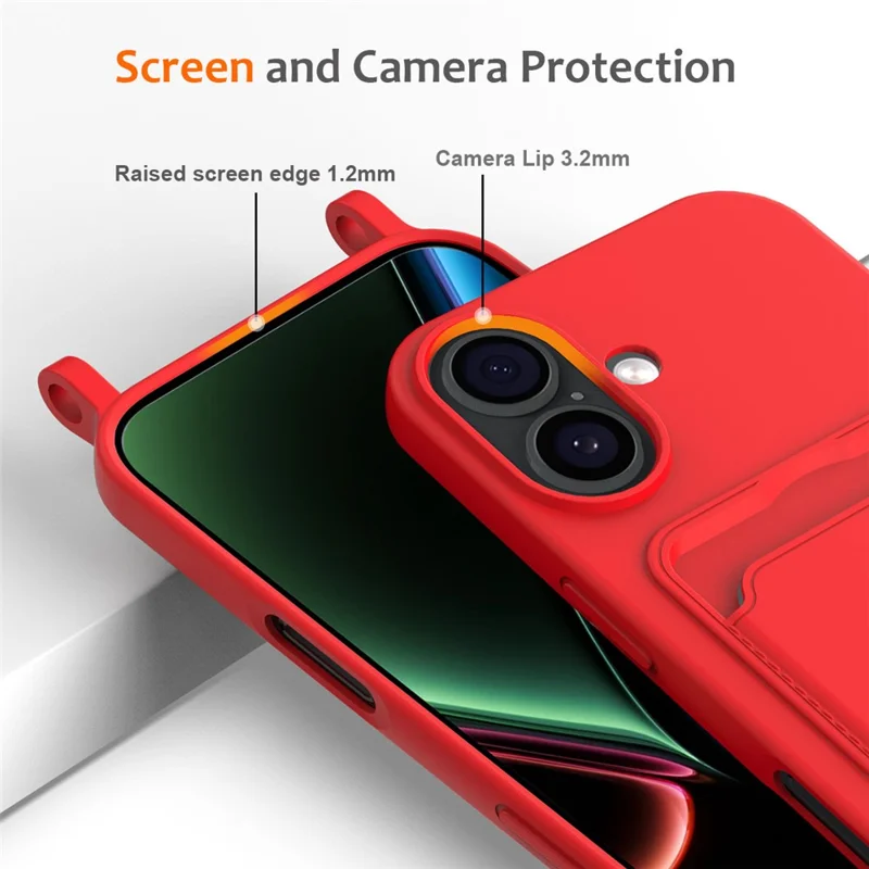 For iPhone 17 Case Liquid Silicone Card Holder Back Phone Cover with Lanyard - Red