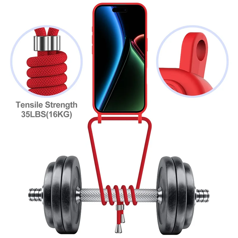 For iPhone 17 Case Liquid Silicone Card Holder Back Phone Cover with Lanyard - Red