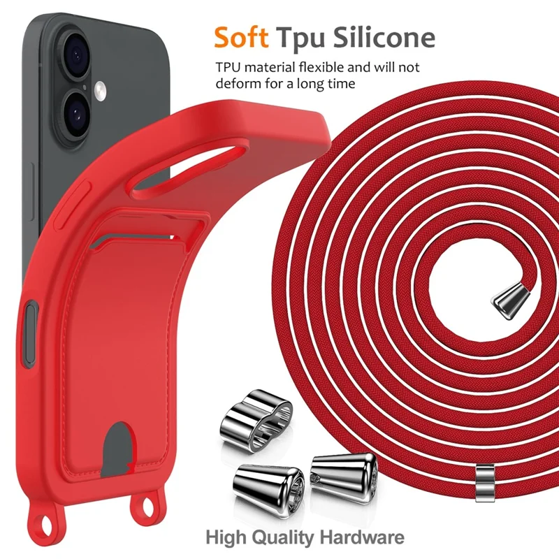 For iPhone 17 Case Liquid Silicone Card Holder Back Phone Cover with Lanyard - Red