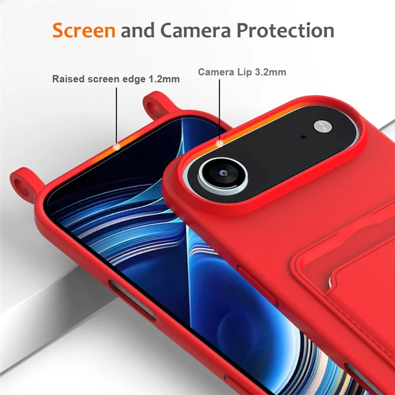 For iPhone Air Case Liquid Silicone Card Holder Back Phone Cover with Lanyard - Red