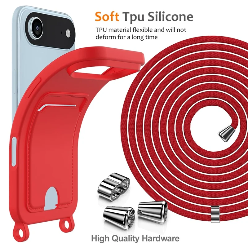 For iPhone Air Case Liquid Silicone Card Holder Back Phone Cover with Lanyard - Red
