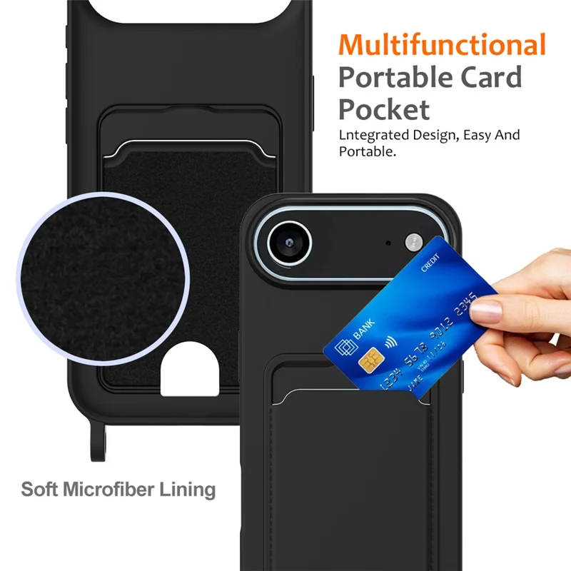 For iPhone Air Case Liquid Silicone Card Holder Back Phone Cover with Lanyard - Black