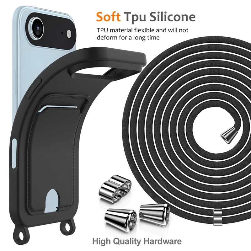 For iPhone Air Case Liquid Silicone Card Holder Back Phone Cover with Lanyard - Black