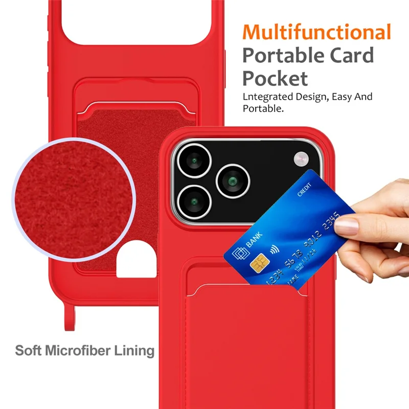 For iPhone 17 Pro Case Liquid Silicone Card Holder Back Phone Cover with Lanyard - Red