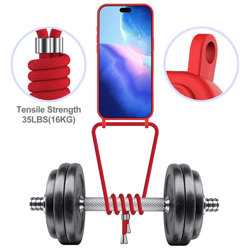 For iPhone 17 Pro Case Liquid Silicone Card Holder Back Phone Cover with Lanyard - Red