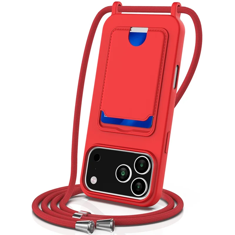 Für iPhone 17 Pro Max Hülle Flüssiges Silikon Kartenfach Rückseite Telefonabdeckung mit Schlaufe - Rot