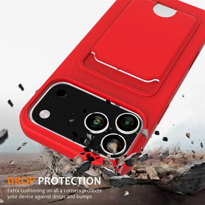 Für iPhone 17 Pro Max Hülle Flüssiges Silikon Kartenfach Rückseite Telefonabdeckung mit Schlaufe - Rot
