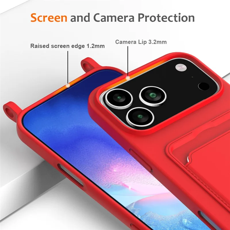 Für iPhone 17 Pro Max Hülle Flüssiges Silikon Kartenfach Rückseite Telefonabdeckung mit Schlaufe - Rot