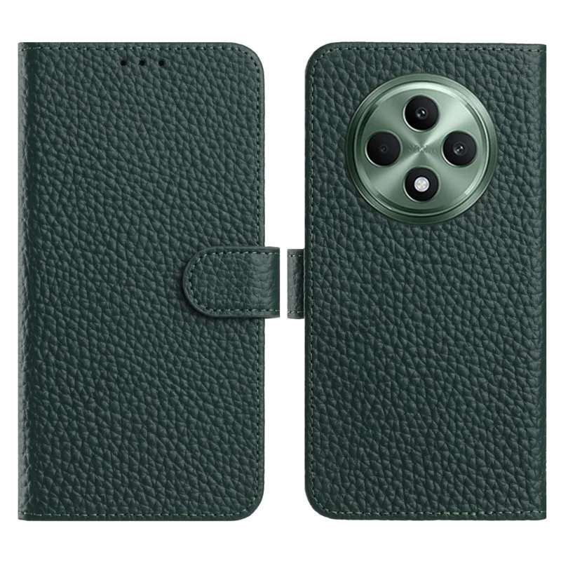 For Oppo Reno12 F 5G Case Wallet Stand Litchi Texture Genuine Cow Leather Flip Phone Cover - Green
