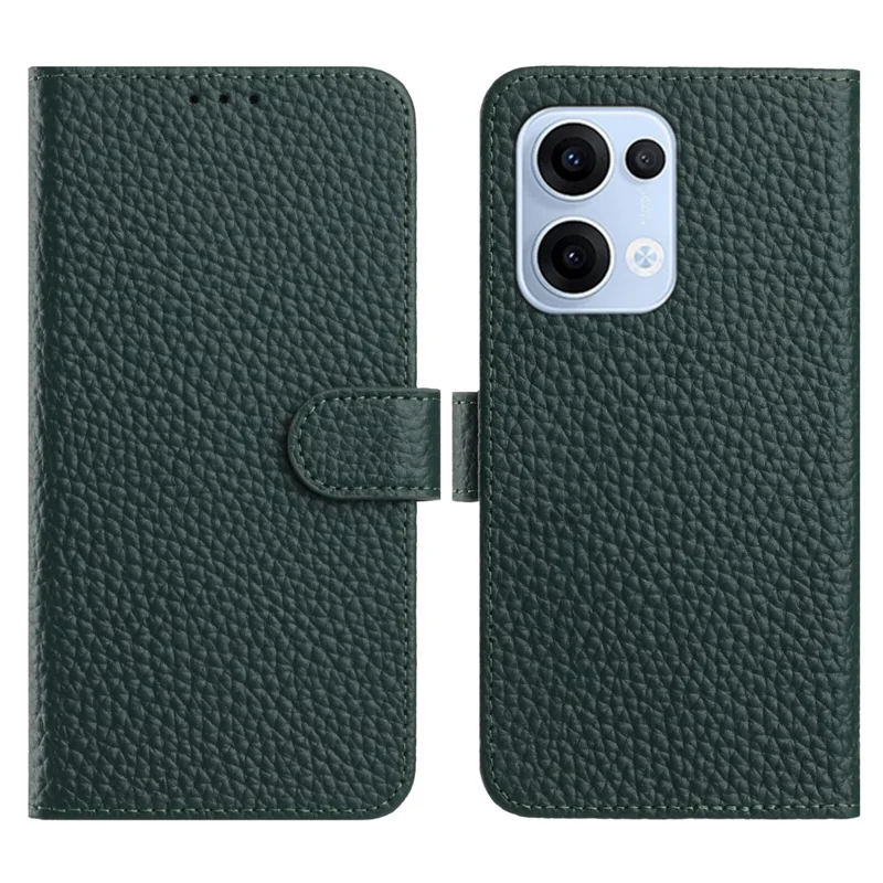Cover a portafoglio per Oppo Reno13 5G (Globale) con supporto, texture Litchi, in vera pelle di mucca, flip - Verde