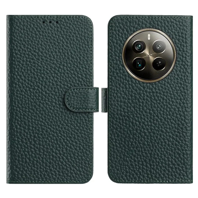 Funda para teléfono plegable para Realme 12 Pro+ 5G / 12 Pro 5G / P1 Pro 5G Cartera de pie Textura de litchi Cubierta de cuero de vaca genuino - Verde