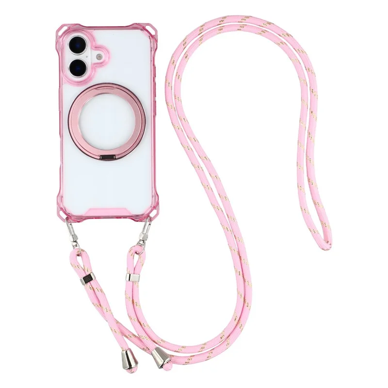 For iPhone 16 Magnetic Case Ring Kickstand TPU + PC Phone Cover with Lanyard - Pink