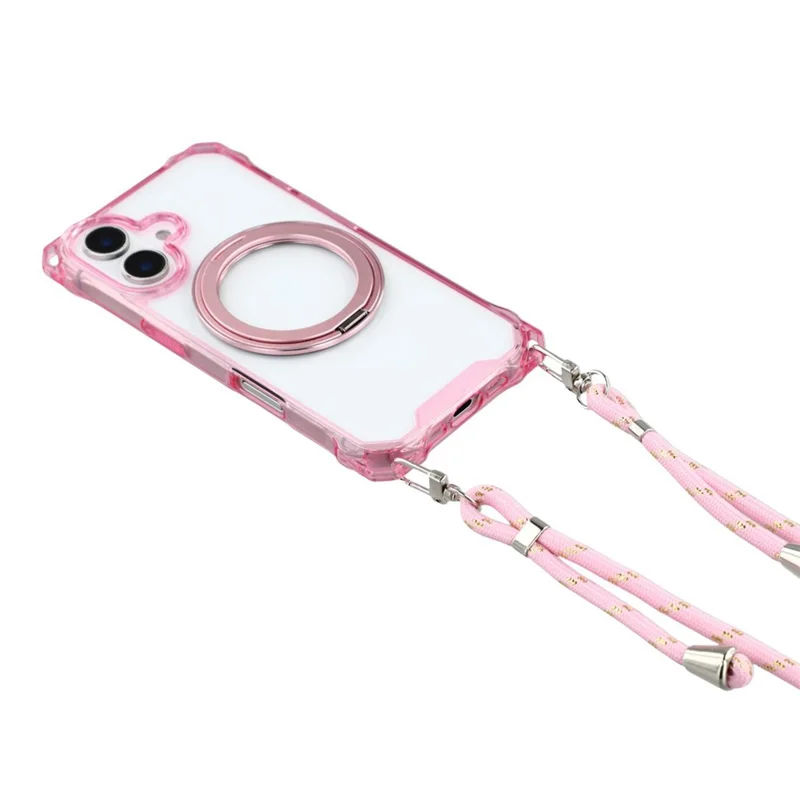 For iPhone 16 Magnetic Case Ring Kickstand TPU + PC Phone Cover with Lanyard - Pink