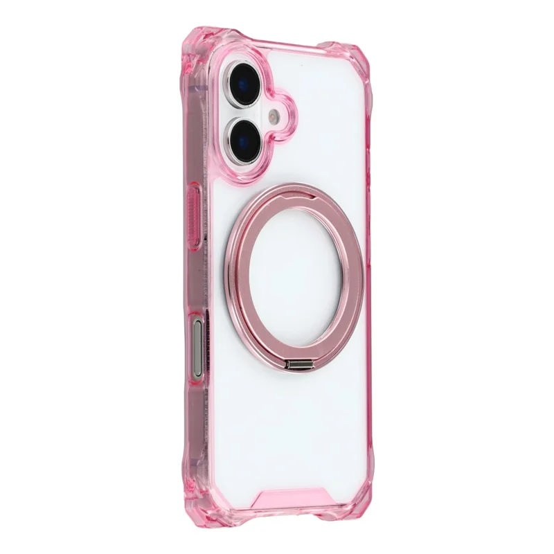 For iPhone 16 Magnetic Case Ring Kickstand TPU + PC Phone Cover with Lanyard - Pink