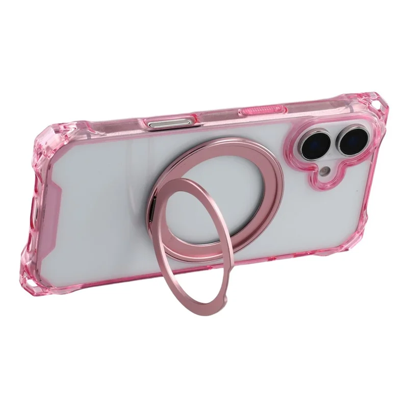 For iPhone 16 Magnetic Case Ring Kickstand TPU + PC Phone Cover with Lanyard - Pink