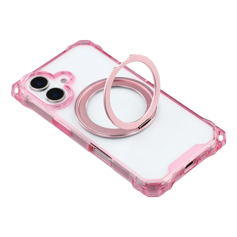 For iPhone 16 Magnetic Case Ring Kickstand TPU + PC Phone Cover with Lanyard - Pink