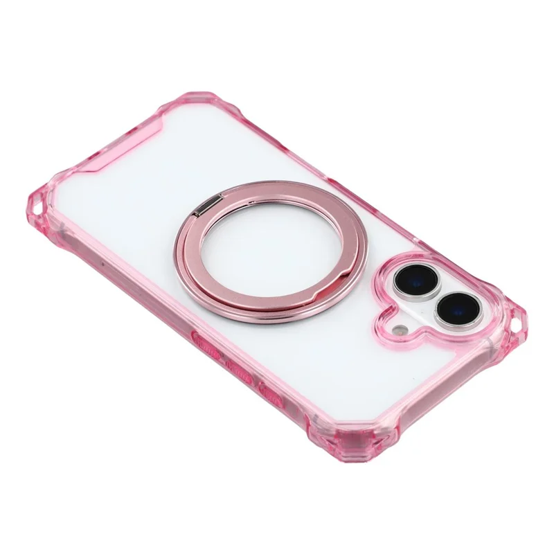 For iPhone 16 Magnetic Case Ring Kickstand TPU + PC Phone Cover with Lanyard - Pink