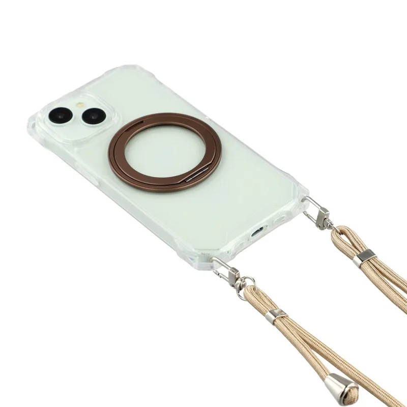 For iPhone 15 Magnetic Case Ring Kickstand TPU + PC Phone Cover with Lanyard - Brown
