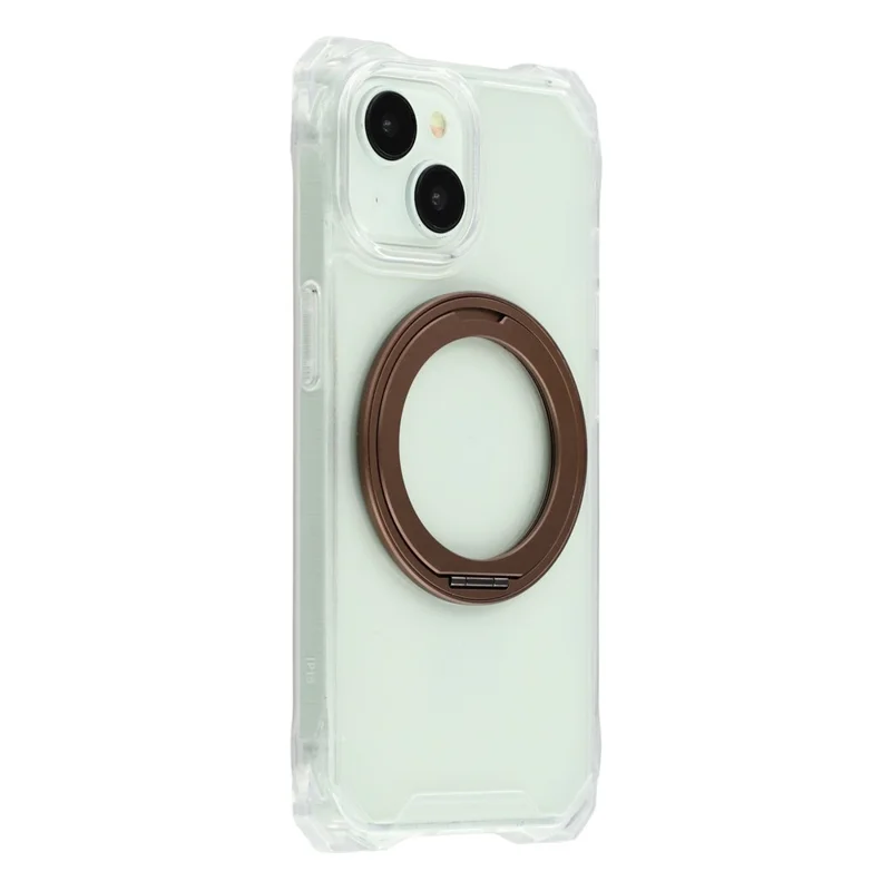 For iPhone 15 Magnetic Case Ring Kickstand TPU + PC Phone Cover with Lanyard - Brown