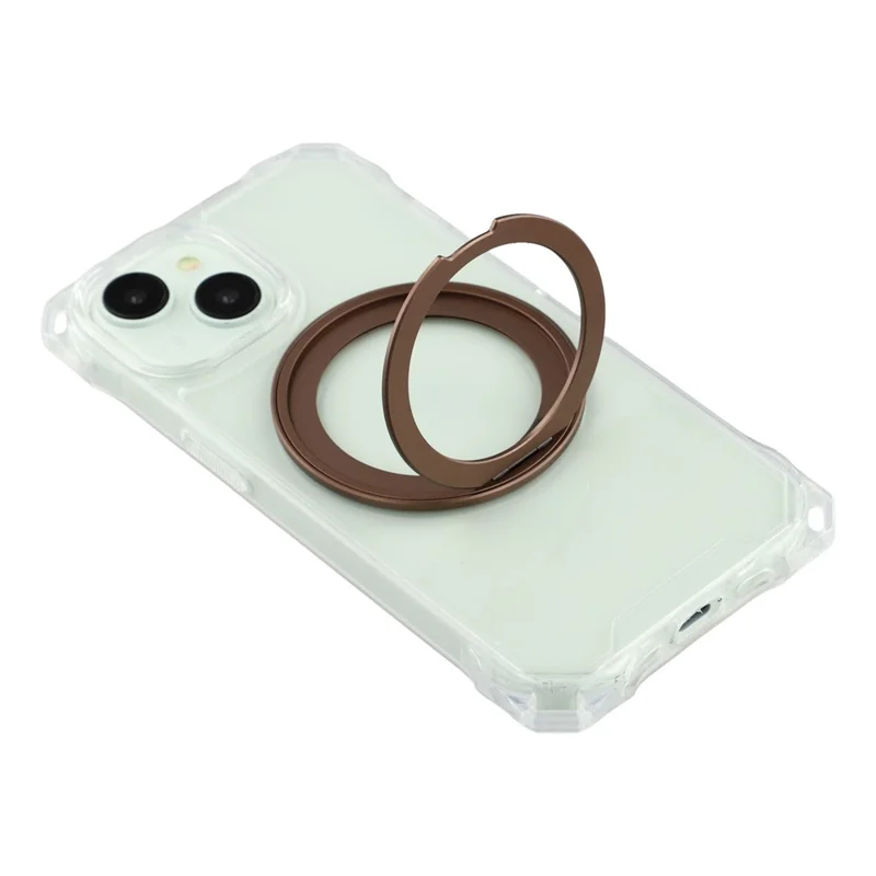 For iPhone 15 Magnetic Case Ring Kickstand TPU + PC Phone Cover with Lanyard - Brown