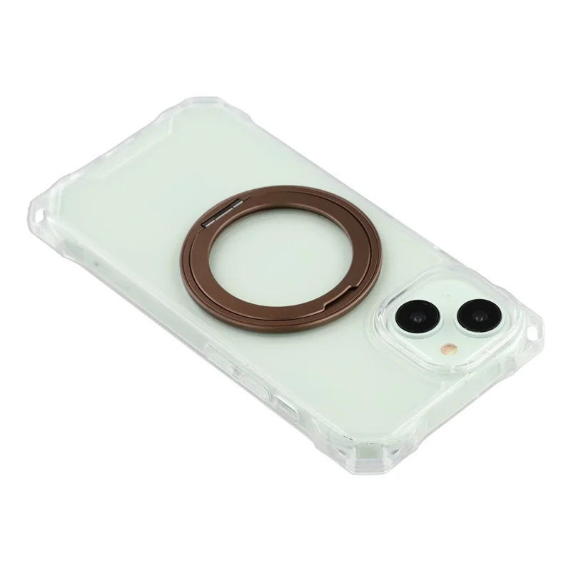 For iPhone 15 Magnetic Case Ring Kickstand TPU + PC Phone Cover with Lanyard - Brown