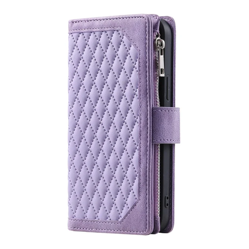 For Samsung Galaxy S25 FE Wallet Case Rhombus Stitching Line PU Leather Phone Cover with Wrist Strap - Purple