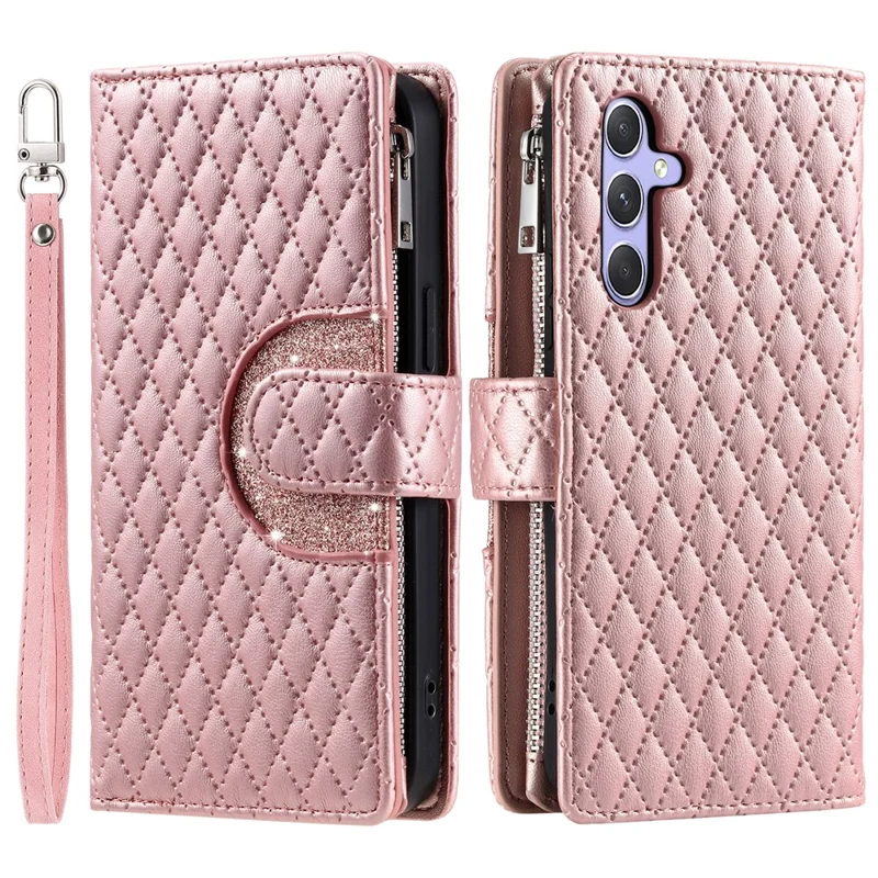 For Samsung Galaxy S25 FE Case Zipper Pocket Glitter Leather Phone Cover with Wrist Strap - Rose Gold