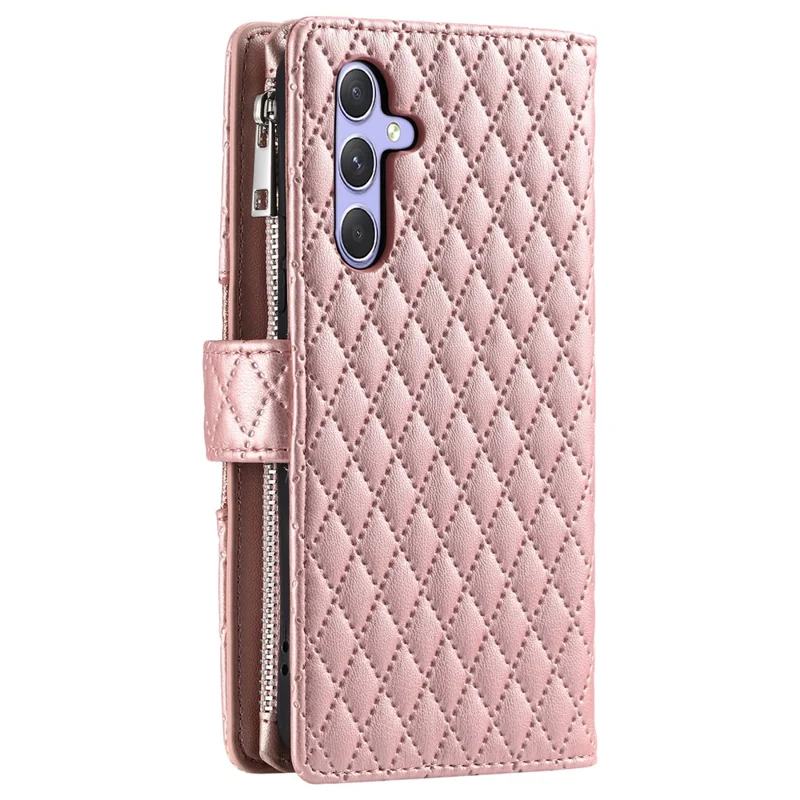 For Samsung Galaxy S25 FE Case Zipper Pocket Glitter Leather Phone Cover with Wrist Strap - Rose Gold