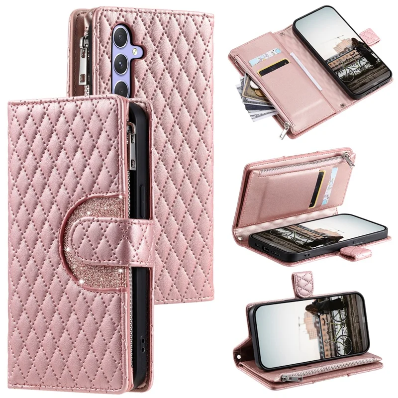 For Samsung Galaxy S25 FE Case Zipper Pocket Glitter Leather Phone Cover with Wrist Strap - Rose Gold