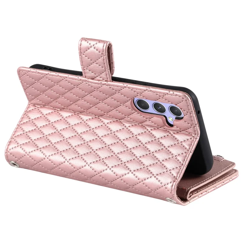 For Samsung Galaxy S25 FE Case Zipper Pocket Glitter Leather Phone Cover with Wrist Strap - Rose Gold