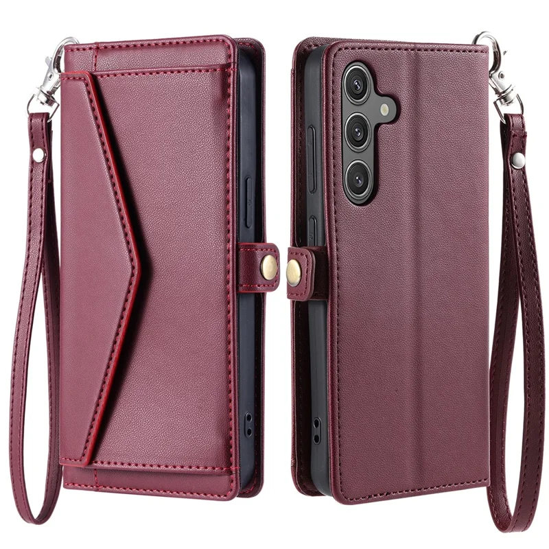 For Samsung Galaxy S25 FE Leather Case with Wrist Strap Wallet Stand Phone Cover - Wine Red