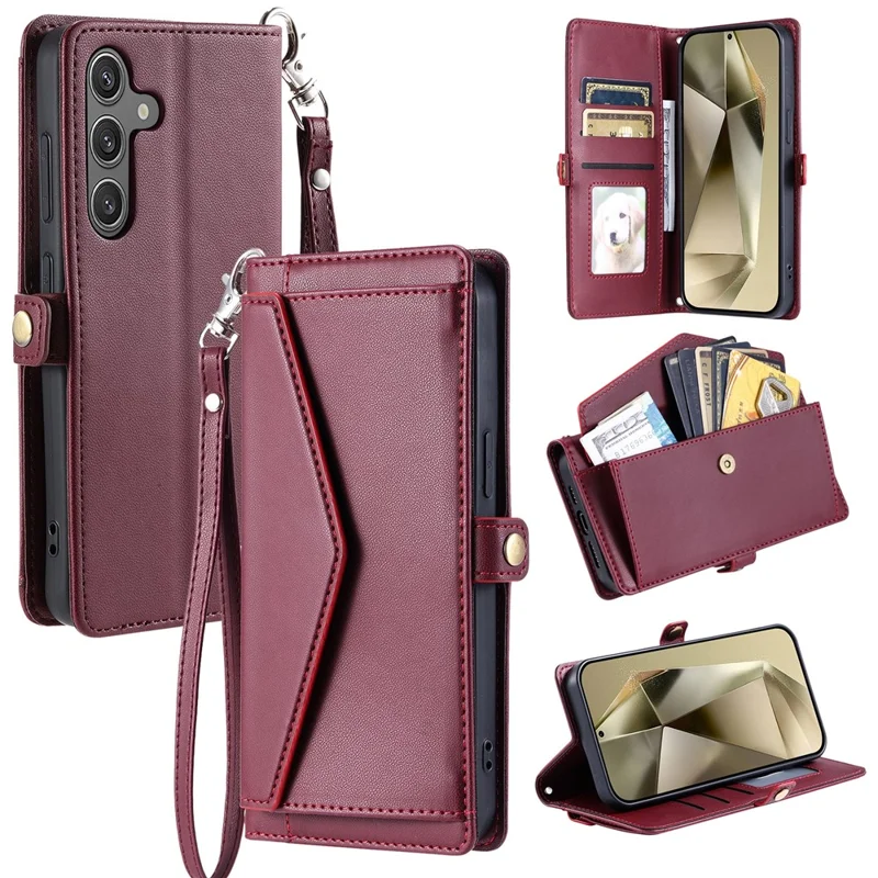 For Samsung Galaxy S25 FE Leather Case with Wrist Strap Wallet Stand Phone Cover - Wine Red