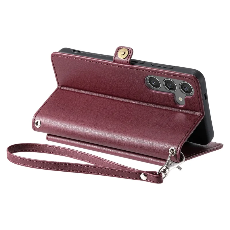 For Samsung Galaxy S25 FE Leather Case with Wrist Strap Wallet Stand Phone Cover - Wine Red