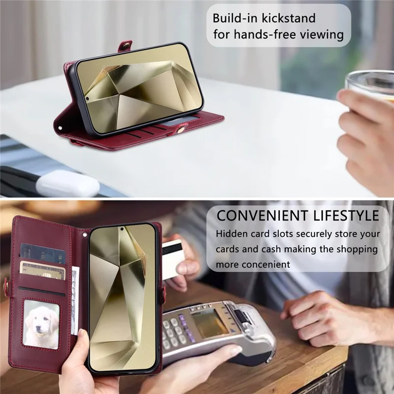 For Samsung Galaxy S25 FE Leather Case with Wrist Strap Wallet Stand Phone Cover - Wine Red