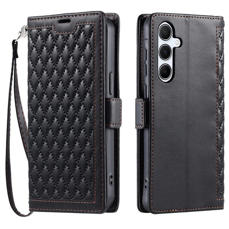 For Samsung Galaxy S25 FE Leather Case Rhombus Texture Wallet Stand Phone Cover with Wrist Strap - Black