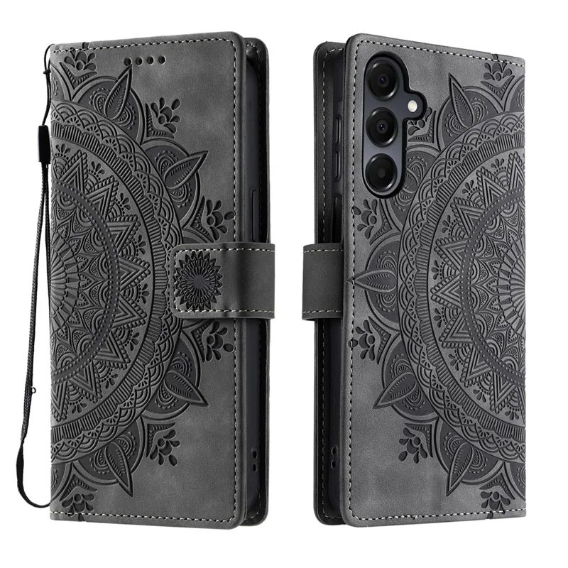 Capa para Samsung Galaxy S25 FE com Estampa de Totem, Acabamento em Couro Sintético, Carteira para Celular com Alça de Mão - Cinza