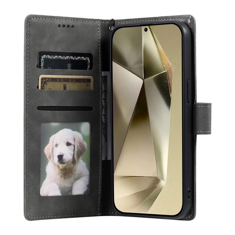 Capa para Samsung Galaxy S25 FE com Estampa de Totem, Acabamento em Couro Sintético, Carteira para Celular com Alça de Mão - Cinza