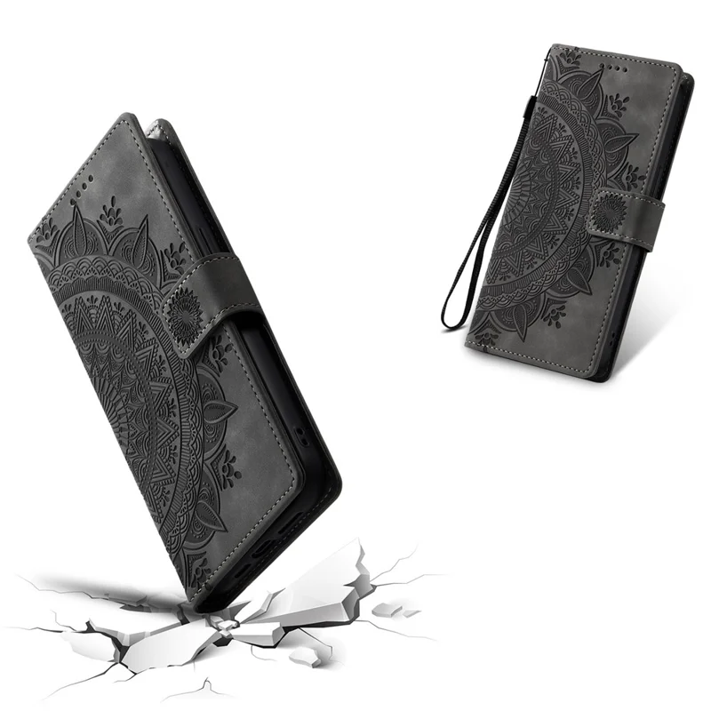 Capa para Samsung Galaxy S25 FE com Estampa de Totem, Acabamento em Couro Sintético, Carteira para Celular com Alça de Mão - Cinza
