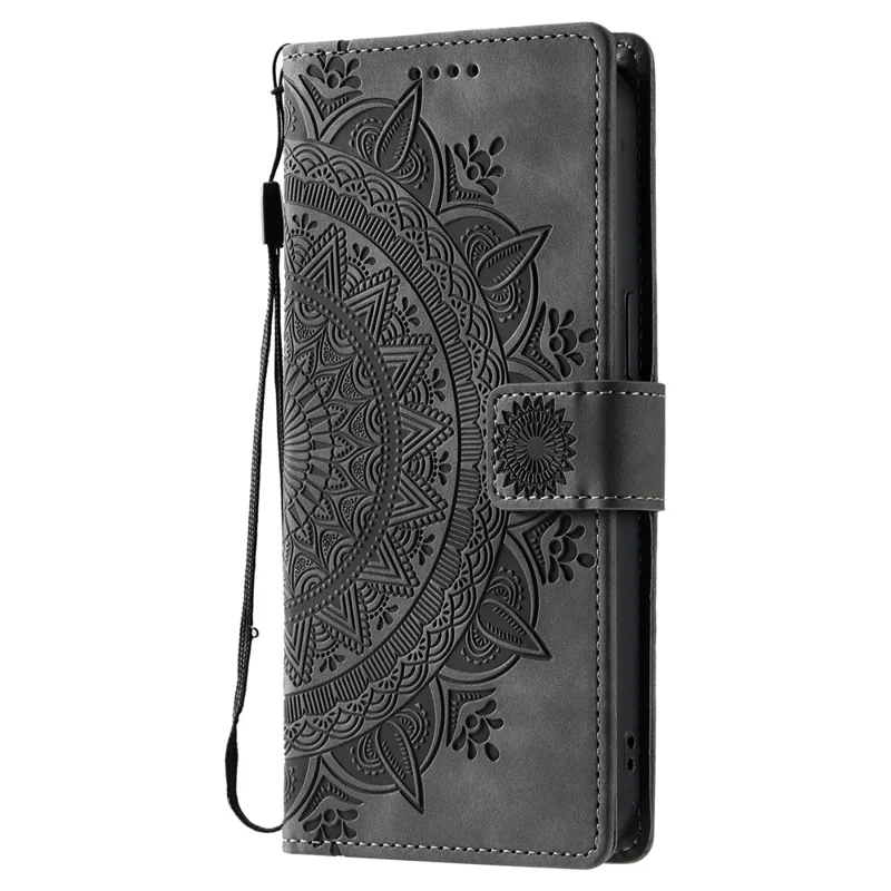 Capa para Samsung Galaxy S25 FE com Estampa de Totem, Acabamento em Couro Sintético, Carteira para Celular com Alça de Mão - Cinza