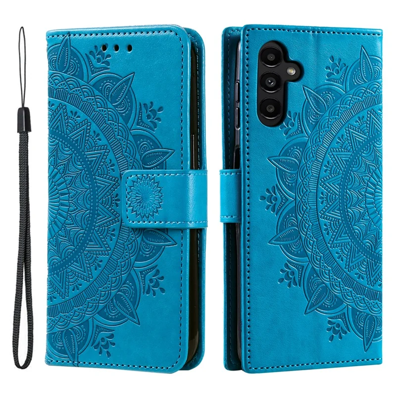 For Samsung Galaxy S25 FE Stand Case Imprinted Totem PU Leather Wallet Phone Cover with Wrist Strap - Blue