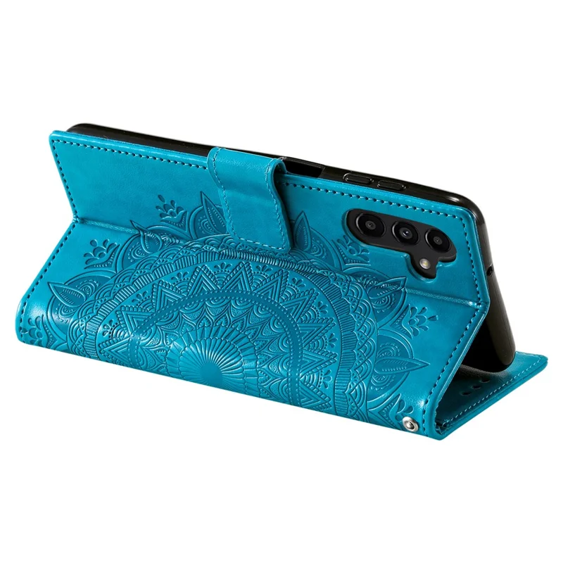 For Samsung Galaxy S25 FE Stand Case Imprinted Totem PU Leather Wallet Phone Cover with Wrist Strap - Blue