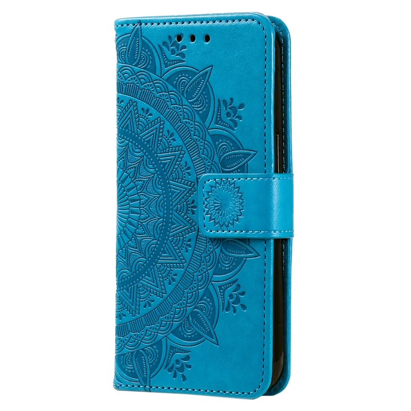 For Samsung Galaxy S25 FE Stand Case Imprinted Totem PU Leather Wallet Phone Cover with Wrist Strap - Blue