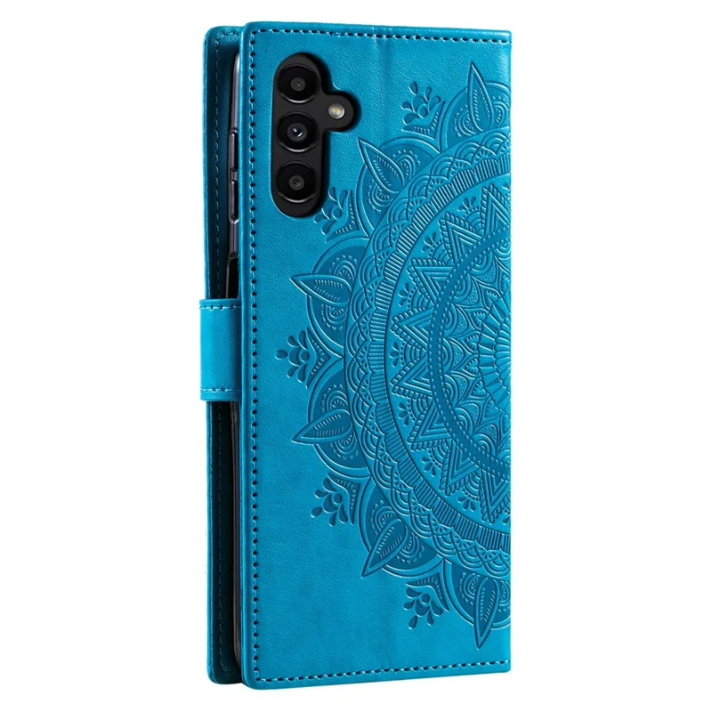 For Samsung Galaxy S25 FE Stand Case Imprinted Totem PU Leather Wallet Phone Cover with Wrist Strap - Blue
