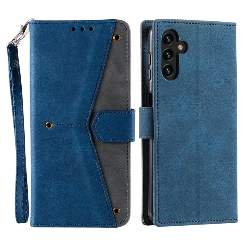 For Samsung Galaxy S25 FE Leather Case Splicing Stitching Wallet Phone Cover with Wrist Strap - Blue