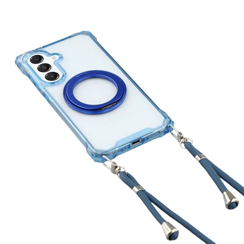 For Samsung Galaxy A55 5G Magnetic Case Ring Kickstand TPU + PC Phone Cover with Lanyard - Blue