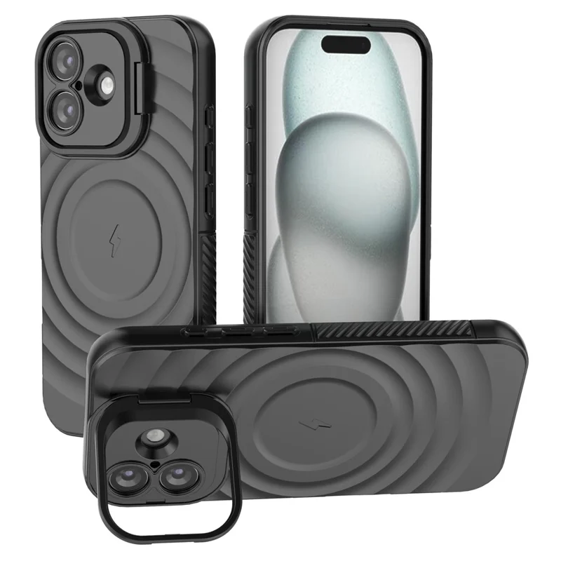 Cover per iPhone 17 Compatibile con MagSafe, con Supporto Pieghevole, Texture Ondulata, Cover in TPU - Nero