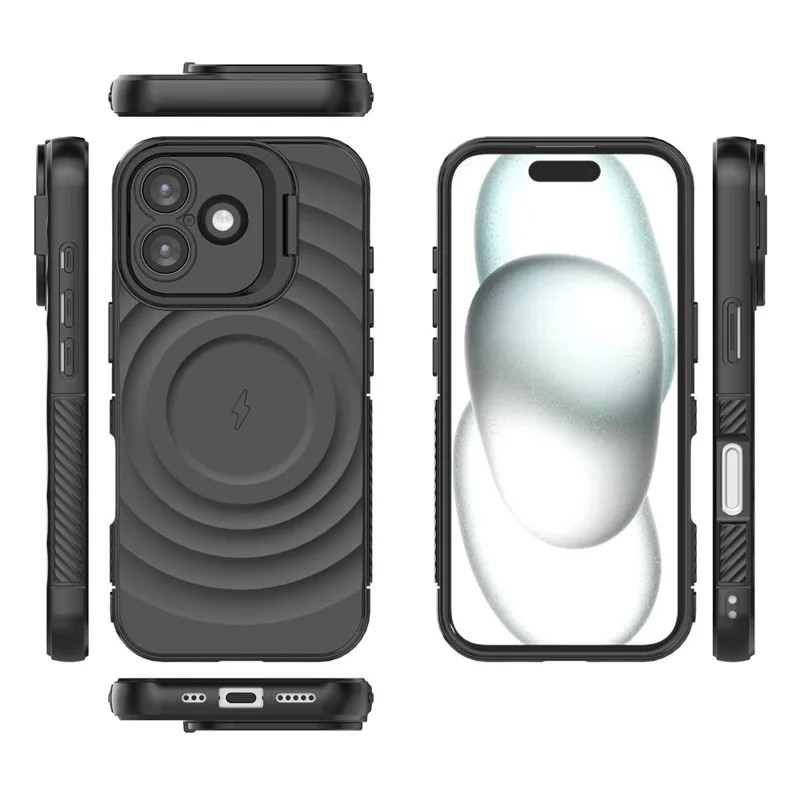 Cover per iPhone 17 Compatibile con MagSafe, con Supporto Pieghevole, Texture Ondulata, Cover in TPU - Nero